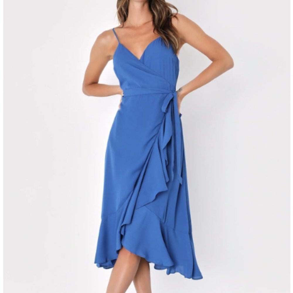 Lulus Blue Ruffled Midi Wrap Dress, size medium